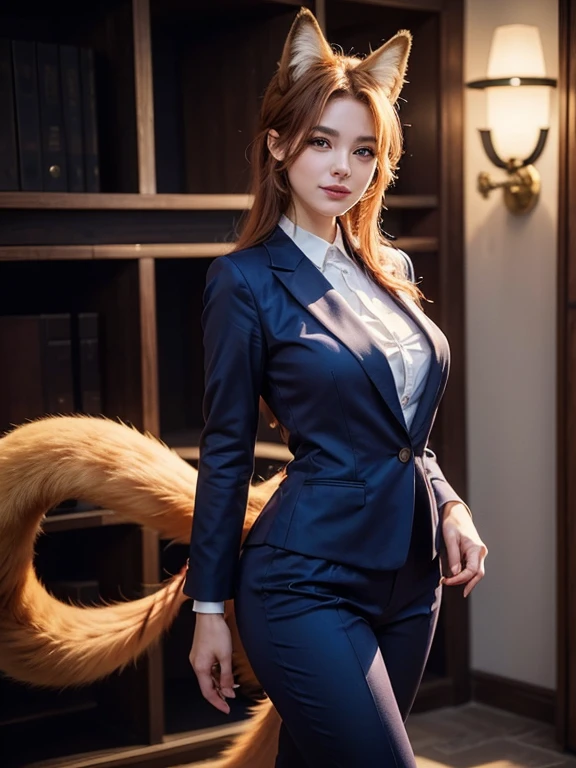 ((highest quality, 32k)), ((masterpiece)), (Familiar), Perfect Face, Fox Girl, Beautiful woman, public, Has a tail, She has a fluffy tail, She has a red fox&#39;s tail., She wags her tail, smile, bell collar, She is wearing a pantsuit, Beautiful Hips, Big Breasts, Big tail, A tail sticking out from a pantsuit, she turns around