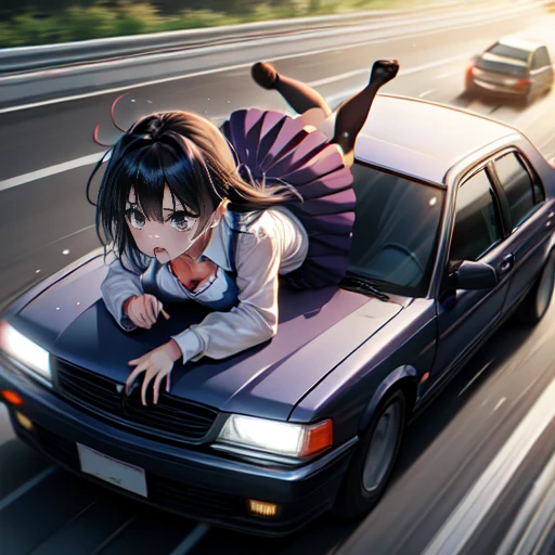 masterpiece,highest quality,Very detailed,One girl,alone,scared,Panic,The pupils constrict,shout,Raise your eyebrows,Eyes Wide Open,Are crying,tears,
Check it out,Purple eyes,Black Hair,Long Hair,Uniform sake,Green ribbon,Long sleeve,Two-tone dress,Pleated dress,Collared shirt,Knee-high,
Breaking the Lying Down,lying on top of car,whole body,(car,road,road sign),Glass,(((地上car両,license plate,Light,Light rays))),Handbags,loafers,handle,close,Camel Toe、Giant tit、Earrings、necklace、Bracelet、Caster wheel、first round、Plump、Super big breasts、Ahoge、Slut、Cleavage,Mole on chest、transformation、Odd Eye、Plump、Super big breasts、Super big butt