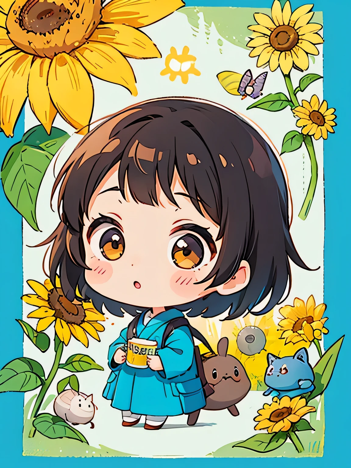Machiko Satonaka style, Kawaii Design, most beautiful girl ever、Chibi, (((Lots of friends)))、sunflower、Pill Bug