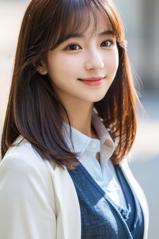 (Very detailedな CG Unity 8k 壁紙, highest quality, Very detailed, Looking at the camera:1.2, The light shines on your face:1.5, Gray background, Professional Lighting), Japan female, 26 years old, Upper body composition with brightly lit face. She has an oval face, Soft arched eyebrows, bright expressive eyes,, pronounced nose, And a friendly smile. Her hair is shoulder-length, straight, Dyed a light chestnut color. She is wearing a smart casual blouse, Probably soft colors, Paired with a chic blazer, Embody her lively and sociable personality, Real