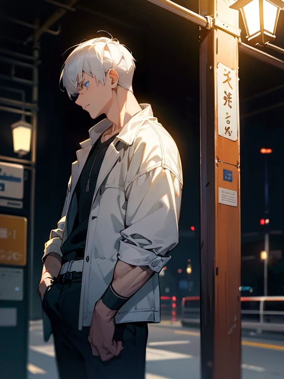 Night time , at a bus stop , spooky lighting , lit only by street light , spooky glow , moody scene , reflections, wearing Fall clothing , (masterpiece, best quality )detailed, 1Character , blue archive art style , pastel washed out colors , cell shade , soft, muted shades ,gentle colors , Handsome man , White hair , very Short hair, ((crew cut hair style:1 )) , Blue eyes , light skin , ((muscular:1)),masculine ,age 28,