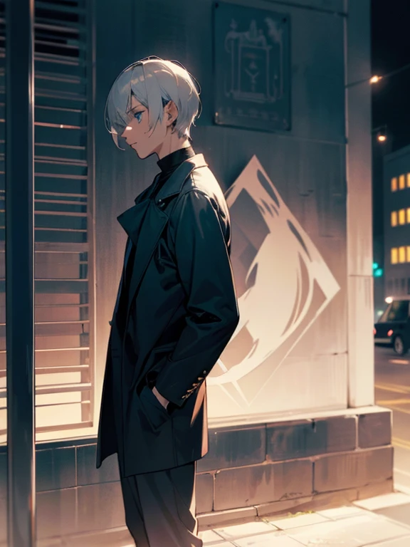 Night time , at a bus stop , spooky lighting ,  lit only by street light , spooky glow , moody scene , reflections, wearing Fall clothing , (masterpiece, best quality )detailed, 1Character , blue archive art style ,  pastel washed out colors , cell shade , soft, muted shades ,gentle colors , Handsome man , White hair , very Short hair, ((crew cut hair style:1 )) , Blue eyes , light skin , ((muscular:1)),masculine ,age 28,