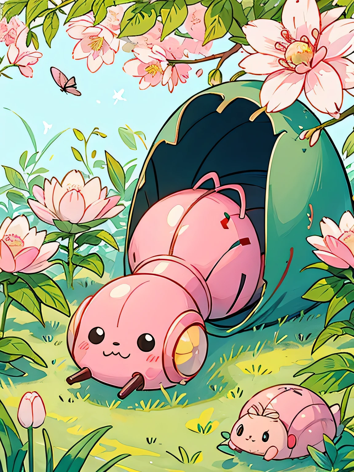 Momoko Sakura style, Kawaii Design, Chibi, beautiful spring afternoon、Lots of friendy friend is a pillbug、lovely colorful pillbug