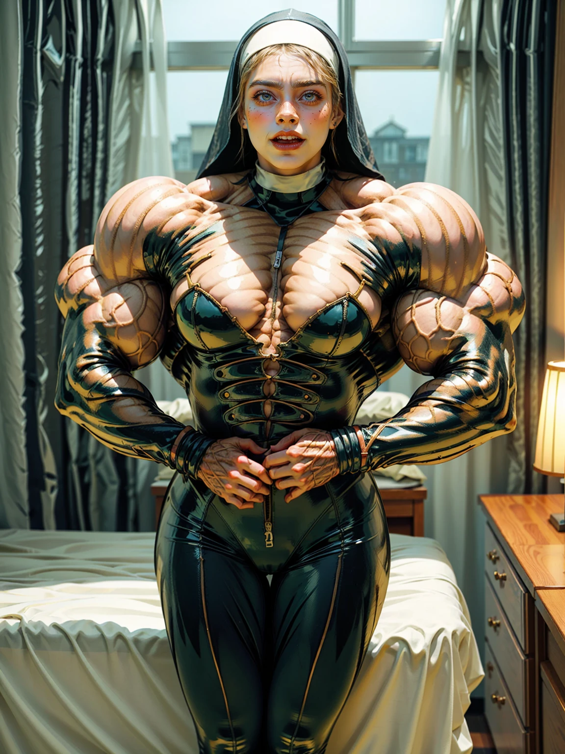 (1 girl), (cara delevingne:1.25), (Muscular:1.9), ((wide shoulders:1.5)), (wearing a nun's outfit:1.5), earrings, eyeshadow, lipstick, (full body pose:1.5), (ten pack abs:1.5), (full body view:1.5), ((large muscular veiny breasts:1.5)), choker, (sculpted muscles:1.9), detailed eyes, (latex bodysuit:2), (muscular body:1.9), (looking at viewer), (smile:1.5), round ass, dark bedroom, night time, rim lighting, two tone lighting, dimly lit, clean skin, low key (DETAILED SKIN), licking lips, (naughty girl face:1.25), naughty, bokeh, bokeh in the art style of peter mohrbacher