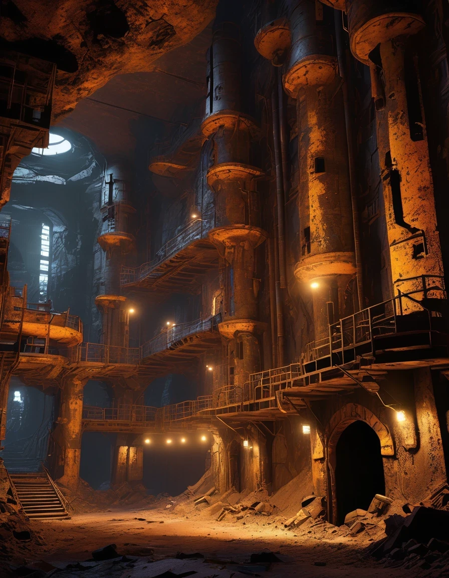(Side profile of the underground castle in the wasteland of doom),The underground castle is equipped with modern luxury hotels and other facilities.,But the underground castle looks dilapidated.,Rust,The form of splicing,Add splash graffiti to create the environment of a wasteland world。Elements such as neon lights will often appear in the doomsday wasteland.。