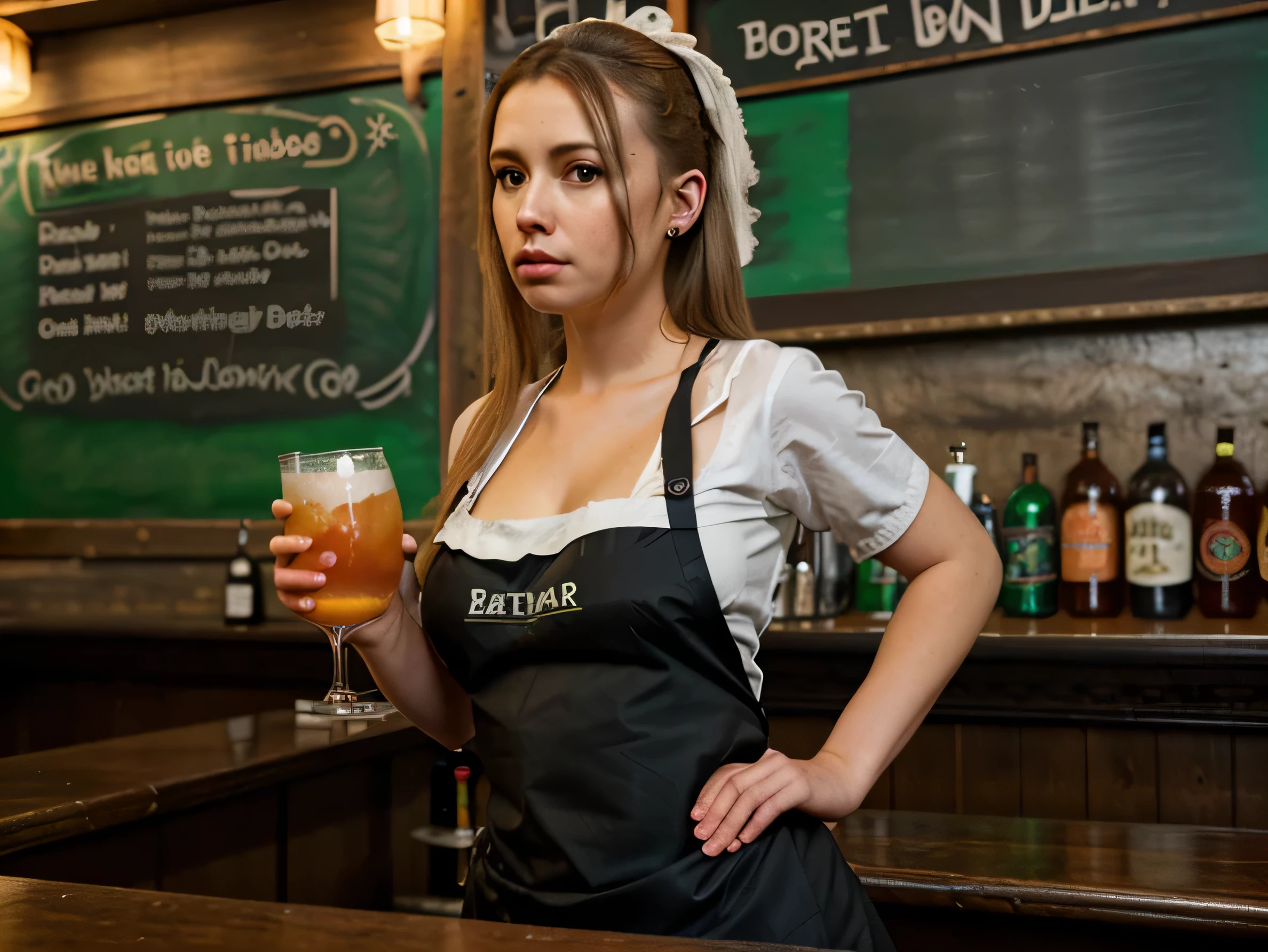 barmaid wearing apron serving drinks in irish pub