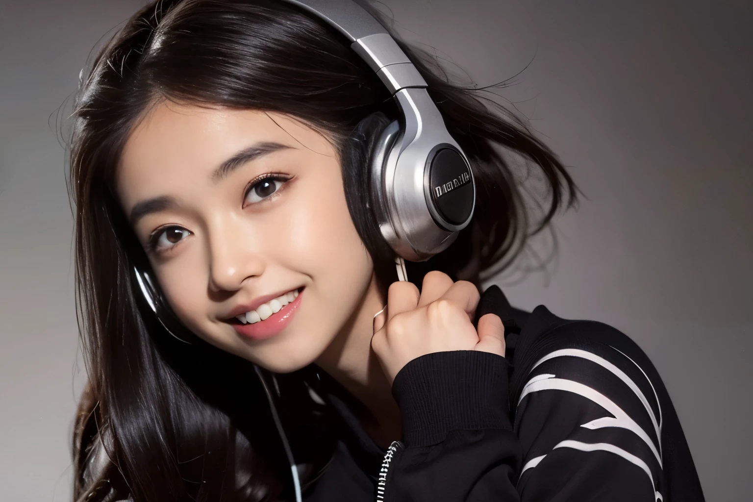 warm light room Beautiful woman with silver long hair against a grey background.over-the-ear headphones Smile,black tights top,Girl