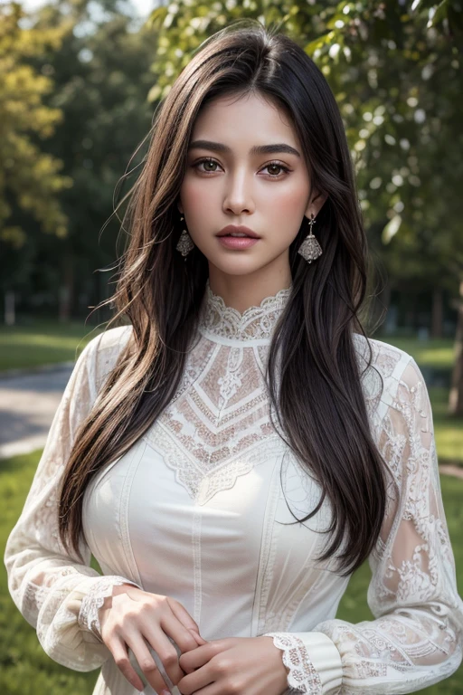 (best quality:1.4),(masterpiece:1.4),(photorealistic:1.4),(ultra high res, raw photo:1.4),(hdr, hyperdetailed:1.2),(8K:1.2),cinematic photo 1girl,solo,brown eyes,(black long straight hair:1.2),(large breasts:1.4),(upper body:1.4),(perfect details:1.2),looking at viewer,8k uhd,dslr,soft lighting,high quality,film grain,Fujifilm XT3,outdoors,realistic,richly defined face,dewy skin,products shot,(high detailed skin:1.2),detailed face and eyes,natural skin texture,highly detailed skin,textured skin,skin pores,imperfect skin,visible skin detail,detailed skin texture,shirt,(elegant lace long-sleeved dress:1.4),van cleef earrings,flowers and petals,landscape background,rose,abstract,