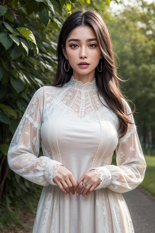 (best quality:1.4),(masterpiece:1.4),(photorealistic:1.4),(ultra high res, raw photo:1.4),(hdr, hyperdetailed:1.2),(8K:1.2),cinematic photo 1girl,solo,brown eyes,(black long straight hair:1.2),(large breasts:1.4),(upper body:1.4),(perfect details:1.2),looking at viewer,8k uhd,dslr,soft lighting,high quality,film grain,Fujifilm XT3,outdoors,realistic,richly defined face,dewy skin,products shot,(high detailed skin:1.2),detailed face and eyes,natural skin texture,highly detailed skin,textured skin,skin pores,imperfect skin,visible skin detail,detailed skin texture,shirt,(elegant lace long-sleeved dress:1.4),van cleef earrings,flowers and petals,landscape background,rose,abstract,