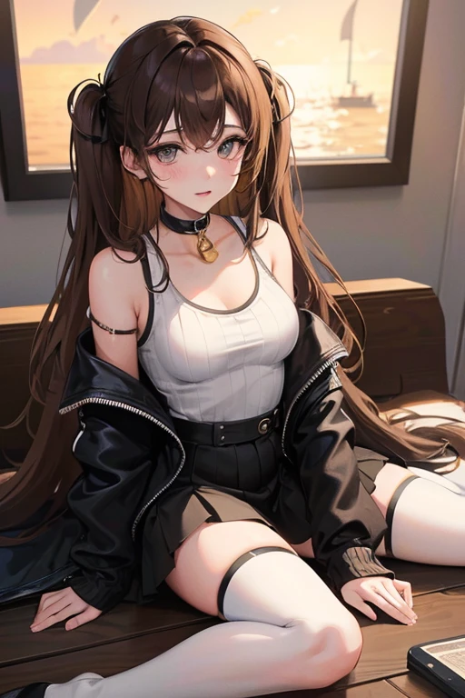 {masterpiece,highest quality,Official Art,Highly detailed CG Unity 8k wallpaper}, full_moon, Golden Hour Lighting, {Genuineistic}, {Genuine}, {Absurd}, colorful, girl, Long Hair, brown hair, Wavy Hair, Beautiful fine details, Sagging under the eyes, {Ribbed sweater}, {Sweater jacket}, {just_b shoulder}, {mini skirt}, {White knee socks}, collar, meanwhile, jewelry, Black Choker , yokozuwari,