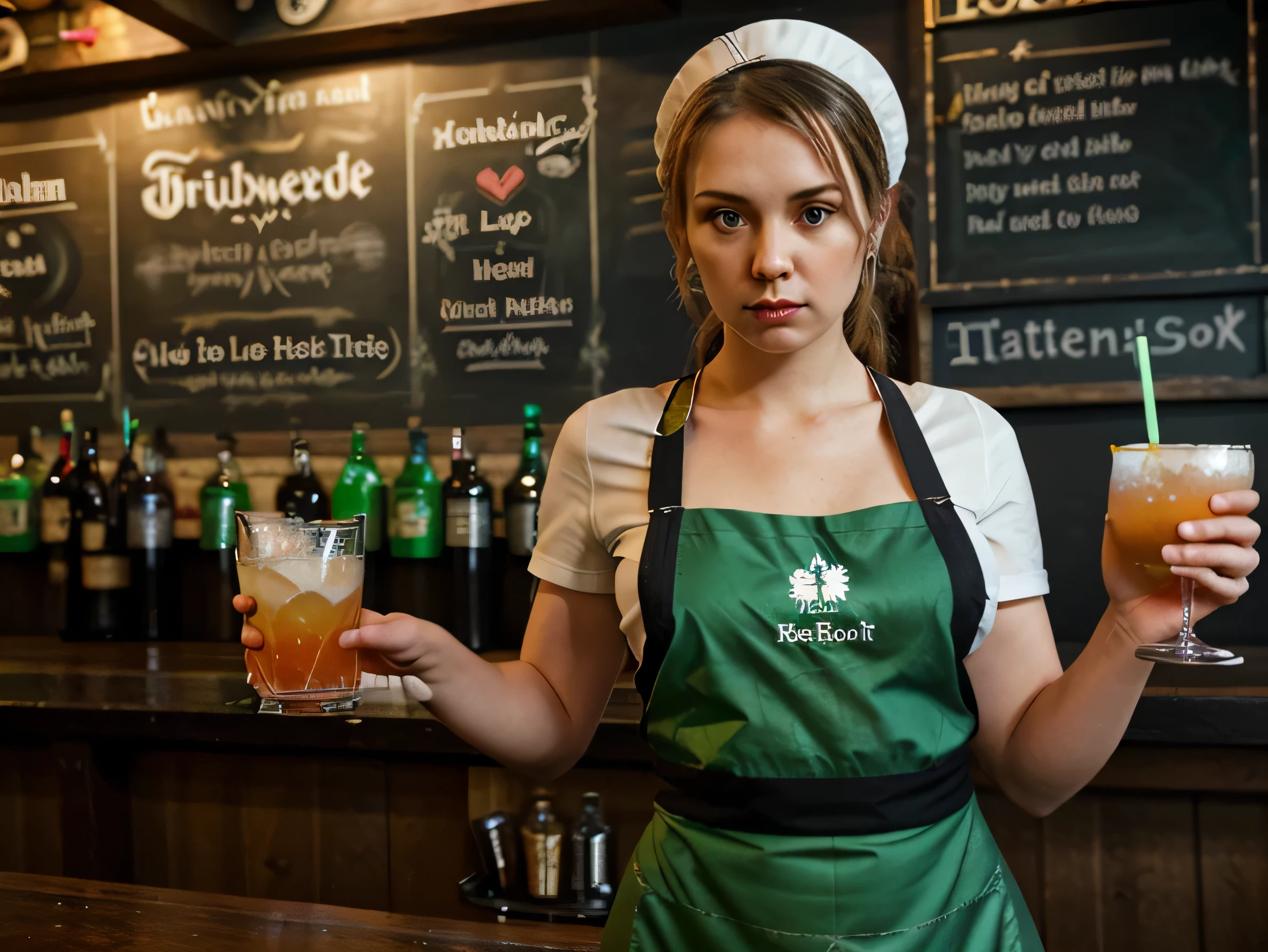 barmaid wearing apron serving drinks in irish pub