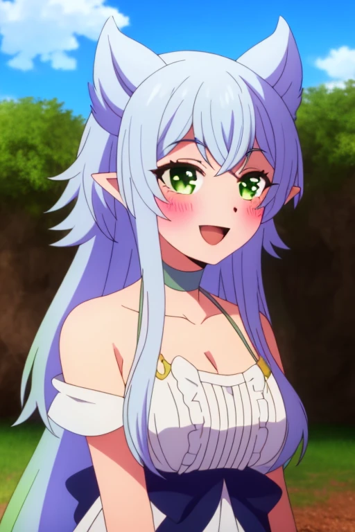 sysiseep_Fenry, One girl, alone, length_hair, chest, blush, smile, Open_mouth, Front hair, green_eye, big_chest, isress, Chest cleavage, clavicle, superiorper_boisy, whitehair, :is, siiselocks, outisoors, Frills, null, choker, isay, pointed_ear, clouis, white_isress, arms_superior, green_null, v-shapeis_Eyebrow, anime_Coloring