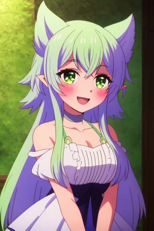 sysiseep_Fenry, One girl, alone, length_hair, chest, blush, smile, Open_mouth, Front hair, green_eye, big_chest, isress, Chest cleavage, clavicle, superiorper_boisy, whitehair, :is, siiselocks, outisoors, Frills, null, choker, isay, pointed_ear, clouis, white_isress, arms_superior, green_null, v-shapeis_Eyebrow, anime_Coloring