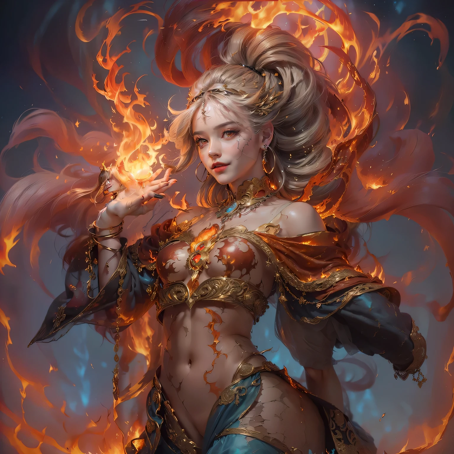 (Realistic, Photo Realistic: 1.3), Extremely Refined and Beautiful, Amazing, Fine Detail, (Best Illustration), (Best Shadow), Intricate, (Behind an Orange Chinese Dragon (Dragon: 1.4), Surrounded by Flames, Black Mountains, Trees, Magma, Wind, Long Wavy Body, Fangs, Fantasy, Mythology, High Quality, Highly Detailed, Epic, Particle Effects, Dynamic Effects, Surround), Clouds, Sunset, Sharp Focus, Volumetric Fog, 8k Ultra HD, DSLR, High Quality, (Film Grain: 1.4), Fujifilm XT3,Official Art, Unified 8K Wallpaper, Super Detailed, Beautiful and Beautiful, Best Quality, (Tangled, Entangled), (Fractal Art: 1.4), 1 Girl, Chinese, Gorgeous Hanfu Short Skirt, Calf, Navel, Very Detailed, Dynamic Angle, Denim Shot, (Most Beautiful Chaotic Shape), Flow, (Bright Colors), OC, (Half: 1.2), China, (Tape: 1.3), (Dream: 1.5), (Hanfu: 1.5), (Smile: 0.5), (Chinese God 1.3), Complex, Ultra Detailed, (Skin Dents), Female, Detailed Body, (Detailed Face: 1.1), (Contoured Iris), (Watercolor Lenses), (Perfect Eyes), Gorgeous, (Masterpiece: 1.2), (Best Quality: 1.2), Wide Buttocks, Thick Thighs, (Big Tits: 1.2) and (Big Breasts: 1.2), Detailed Background, Cinematic Light, Best Shadows, Cute Detail Face, Dramatic Light, Intricate Details, Long Flowing Hair, Ethereal Light, Wide Angle, Solo, full body, colorful, flame, charming, enchanting,, thin waist, gorgeous goddess, Buddha-figure, absurd long hair, pale gold eyes, looking at the audience, delicate patterns, precious stones, gold, diamonds, fine feathers, volumetric light, holiness, backlight, opposite, girl with antler decoration on her head, girl with orange hair --auto