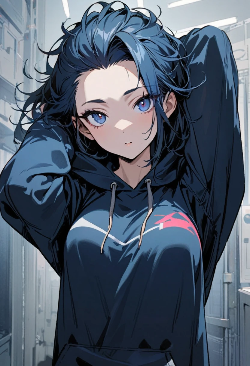 1 girl,Solo,front view from front facing viewer,medium hair,hair slicked back,dark blue eyes,Hands behind head, messy hair,(dark eyes),(cool girl),(Sharp blue eyes),(dark color),(Hoodie) masterpiece, best quality, high quality, detailed,(medium-breasts),(make-up)