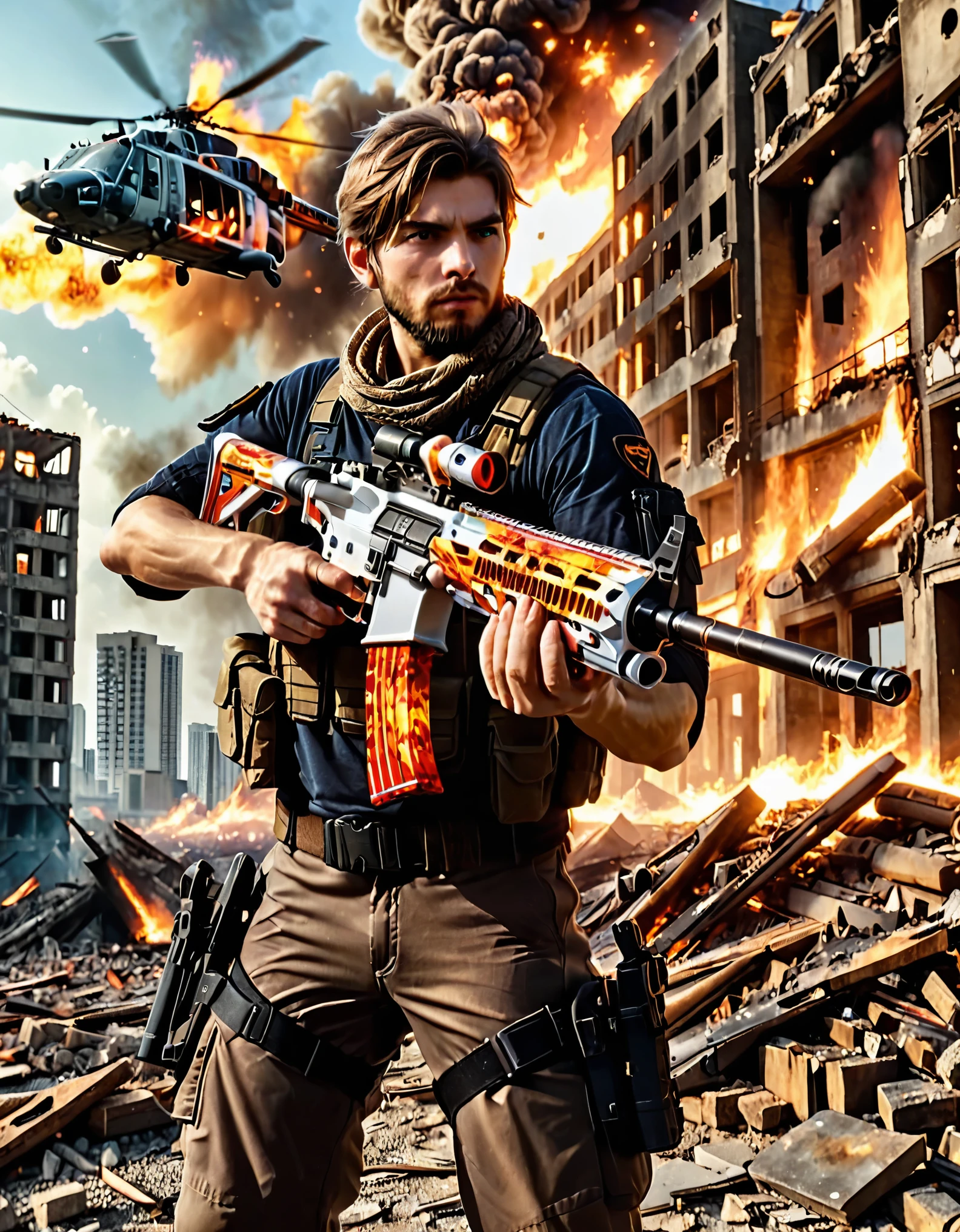 1boy, assault rifle, bandana, beard, brown hair, building, burning, city, cityscape, cloud, destruction, dusk, embers, explosion, facial hair, firing, gradient sky, gun, headband, helicopter, holding gun, holding weapon, holster, male focus, medium hair, military, muzzle flash, ruins, scope, shell casing, sky, skyscraper, solo. solo focus, trigger discipline, weapon