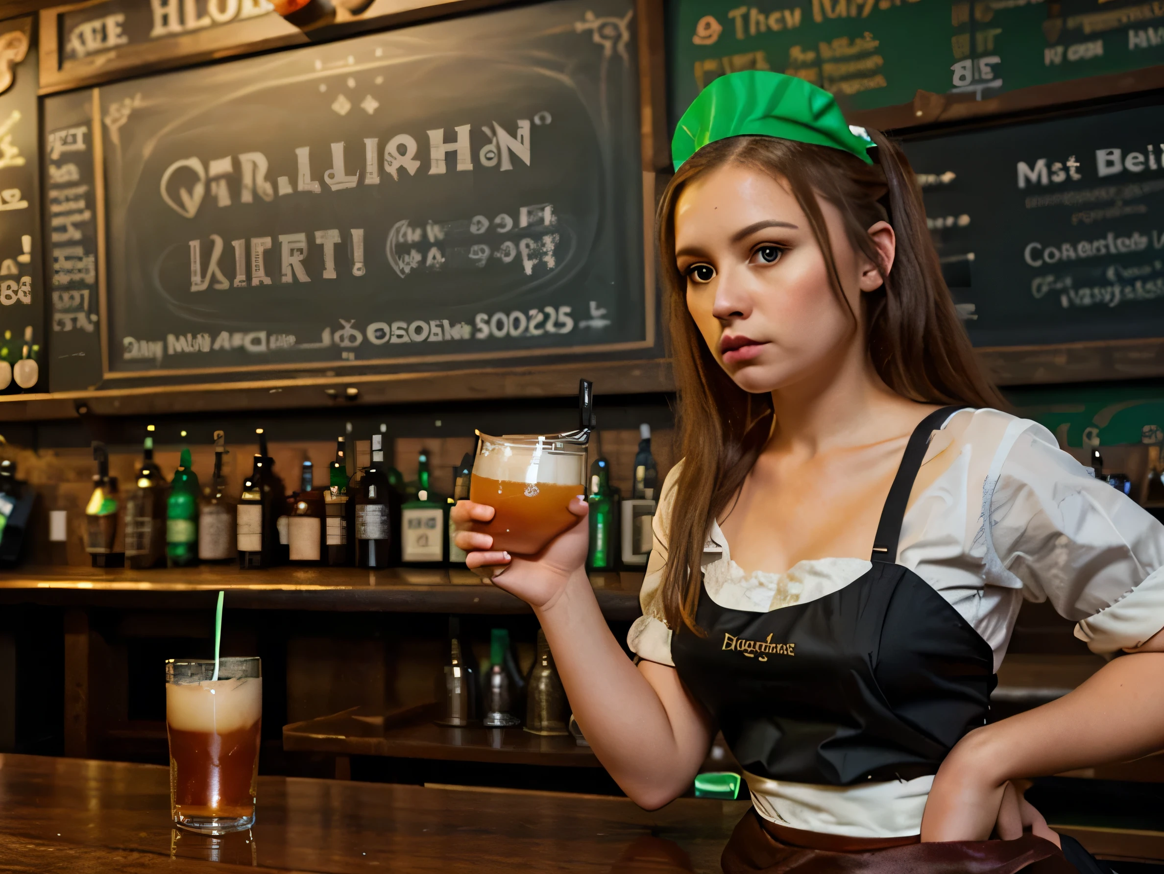barmaid wearing apron serving drinks in irish pub