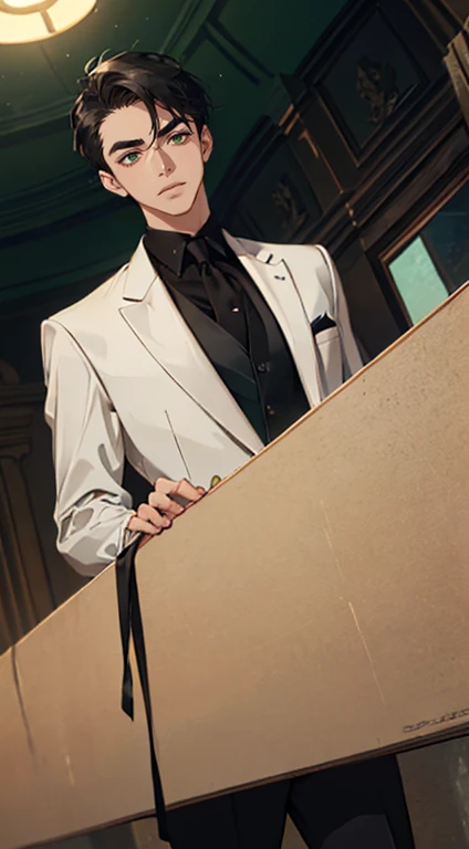 ((a young man in a black suit and tie)), taken in the early 2020s, gotham, alejandro, he looks very sophisticated, (((left side swept black short hair))), (dark green eyes and thick eyebrows), smirk. ((20 years old)), ((Black suite and black tie)), masterpiece, posture dynamic, one person, ((brown skin))