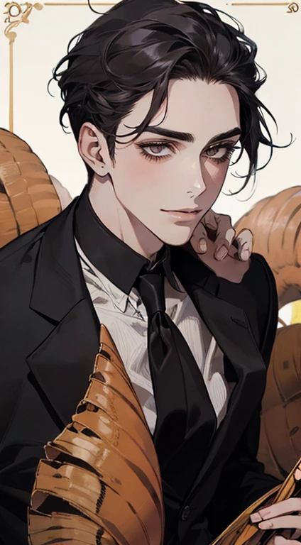 ((um jovem de terno preto e gravata)), taken at the beginning of 2020, Gotham, Alexandre, ele parece muito sofisticado, (((cabelo curto preto penteado para o lado esquerdo))), (olhos verdes escuros e sobrancelhas grossas), sorriso pretensioso. ((20 anos de idade)), ((Black suite and black tie)), obra de arte, dynamic posture, uma pessoa, ((pele marrom))