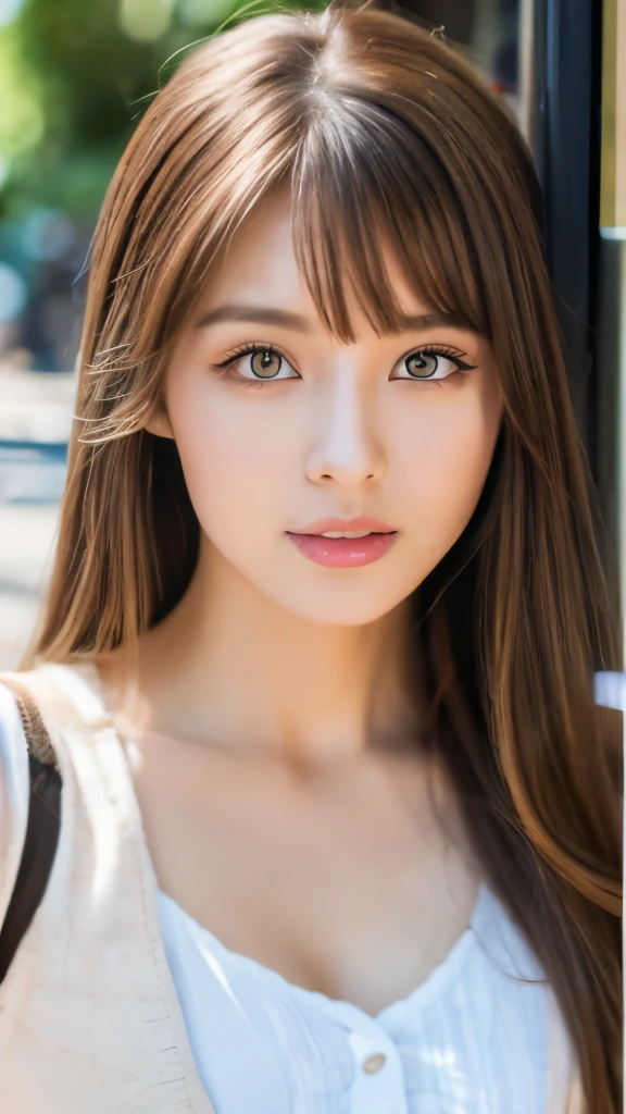 Best quality, 8k, ,Masterpiece :1.3)), facing viewer,((full body1.2)) ,pretty woman, wide shot ,1girl, , selfie , , Bus Stop,, brown hair , bangs,ultra-detailed face, highly detailed lips, detailed eyes, double eyelid