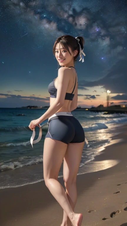 ((masterpiece)), (highest quality), 23 years old,Very detailed, finely, (High resolution), (8k), ((Perfect front viewcomposition)), (Natural color lip),(Side Ponytail:1.3),(((Stand on the beach at night, look at me))),((Drenched T-shirt)),((Light blue fitness shorts)),((From the whole body to the toes:1.3)),((Perfect front view)),((The magnificent Milky Way floating in the night sky)),((Natural pose)),(look back and smile),((Big ribbon on thigh)),((Normal size buttocks)),((Ample breasts)),((Full and firm breasts)),(Small Pareo),