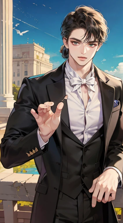 ((um jovem de terno preto e gravata)), taken at the beginning of 2020, Gotham, Alexandre, ele parece muito sofisticado, (((cabelo curto preto penteado para o lado esquerdo))), (olhos verdes escuros e sobrancelhas grossas), sorriso pretensioso. ((20 anos de idade)), ((Black suite and black tie)), obra de arte, dynamic posture, uma pessoa, ((pele marrom))