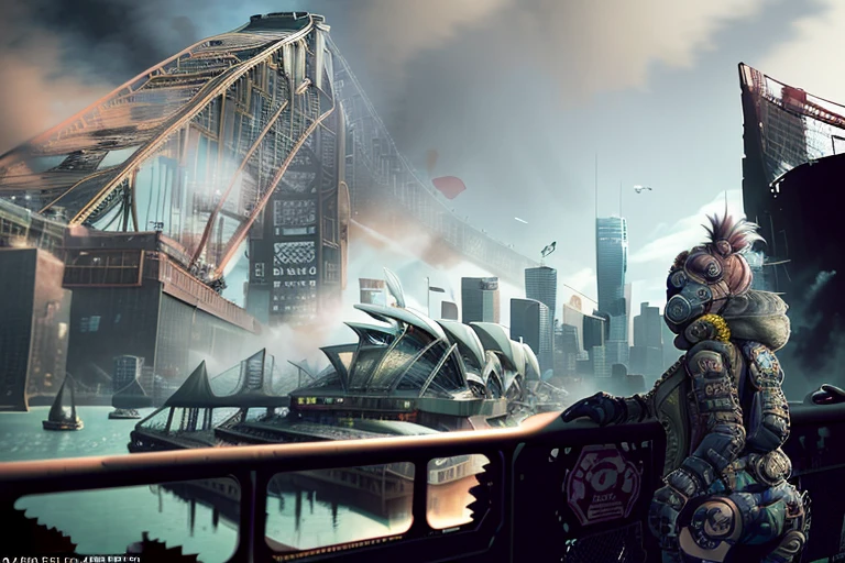 Sydney Harbour, 1girl, in the style of Mad Max, Sydney Opera House burning and collapsed, girl looking down from top of Sydney Harbour Bridge, bridge is collapsing, mirrored sunglasses, torn leather jacket, tattoos, post-apoc, postapoc_character, postapoc_scenery, gasmask, ruined_cityscape