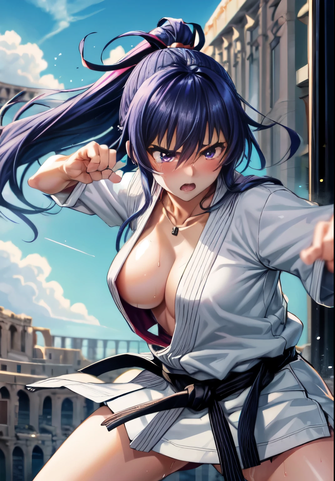 rinko,mature female,large breasts, messy hair style,ponytail,wavy long hair,blue hair, hair between eyes, purple eyes,cleavage,(naked,no pants,white karate gi,:1.3),(sweat gleaming skin:1.1), outdoors,sunlight, spotlight effect,bright sky, blue sky with clouds,strong wind, (colosseum),(highres, high quality:1.1), intricate details, cinematic lighting, 1girl,(red blush,angry),(Gorgeous Necklace,jewelry, bracelet),(dynamic fighting pose:1.3),dynamic angle,from side,from below