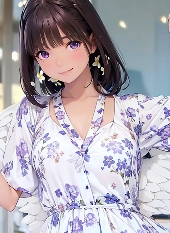 High resolution,In 8K,highest quality,detailed,Semi-realistic anime,Anime 3D Style,Smooth anime CG,One Girl,19-year-old woman in Japan,slim,Modeled,Shiny brown hair,Medium Hair,detailedな顔,Beautiful and detailed,Glowing Skin,((Dresses with flower prints)),straggling hair,Angelic hairstyle,((Deep violet sparkling eyes)),(Small breasts),((Open your mouth)),((A smile full of joy))