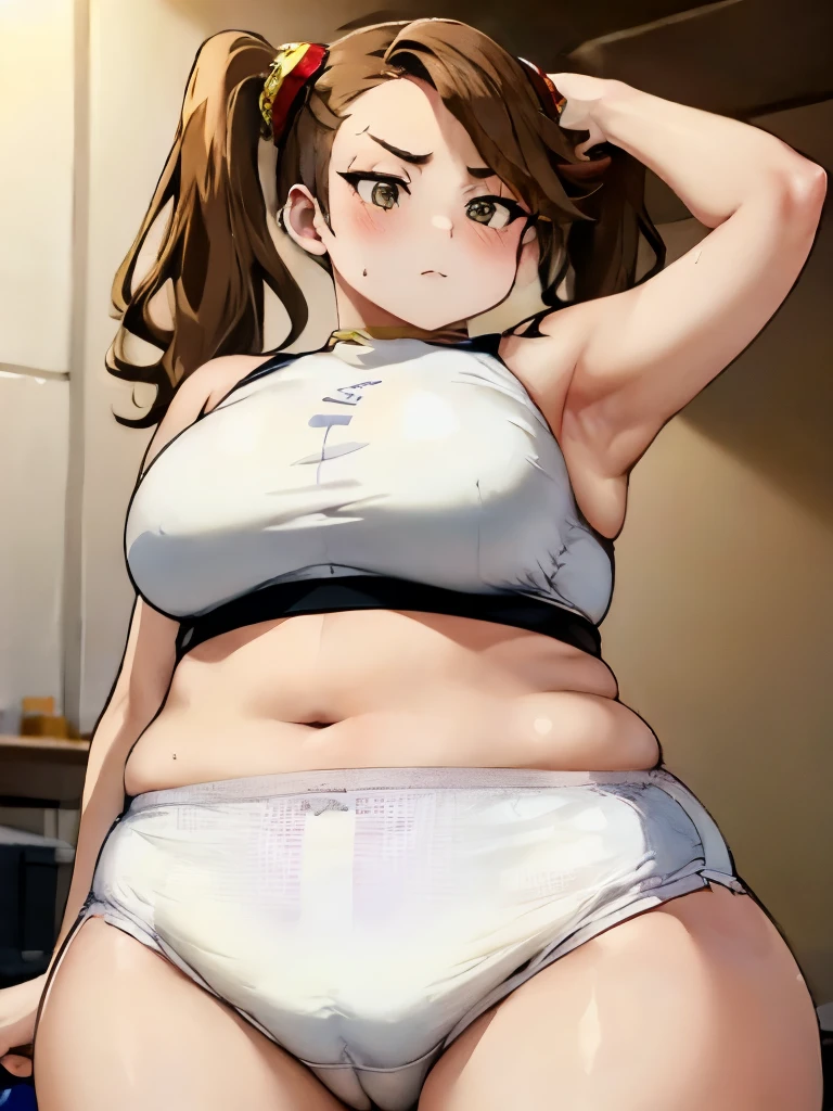 A girl wearing a white sports bra and a white diaper, Big booty, Curvaceous accentuated booty, Brown Hair,Light brown eyes,Muscular!!,Blushed,Troubled expression,steam,Sweat,Steam coming from the body,She wears a white plastic diaper!!,Big Ass!!,Dog Pose!!!,pigtails,