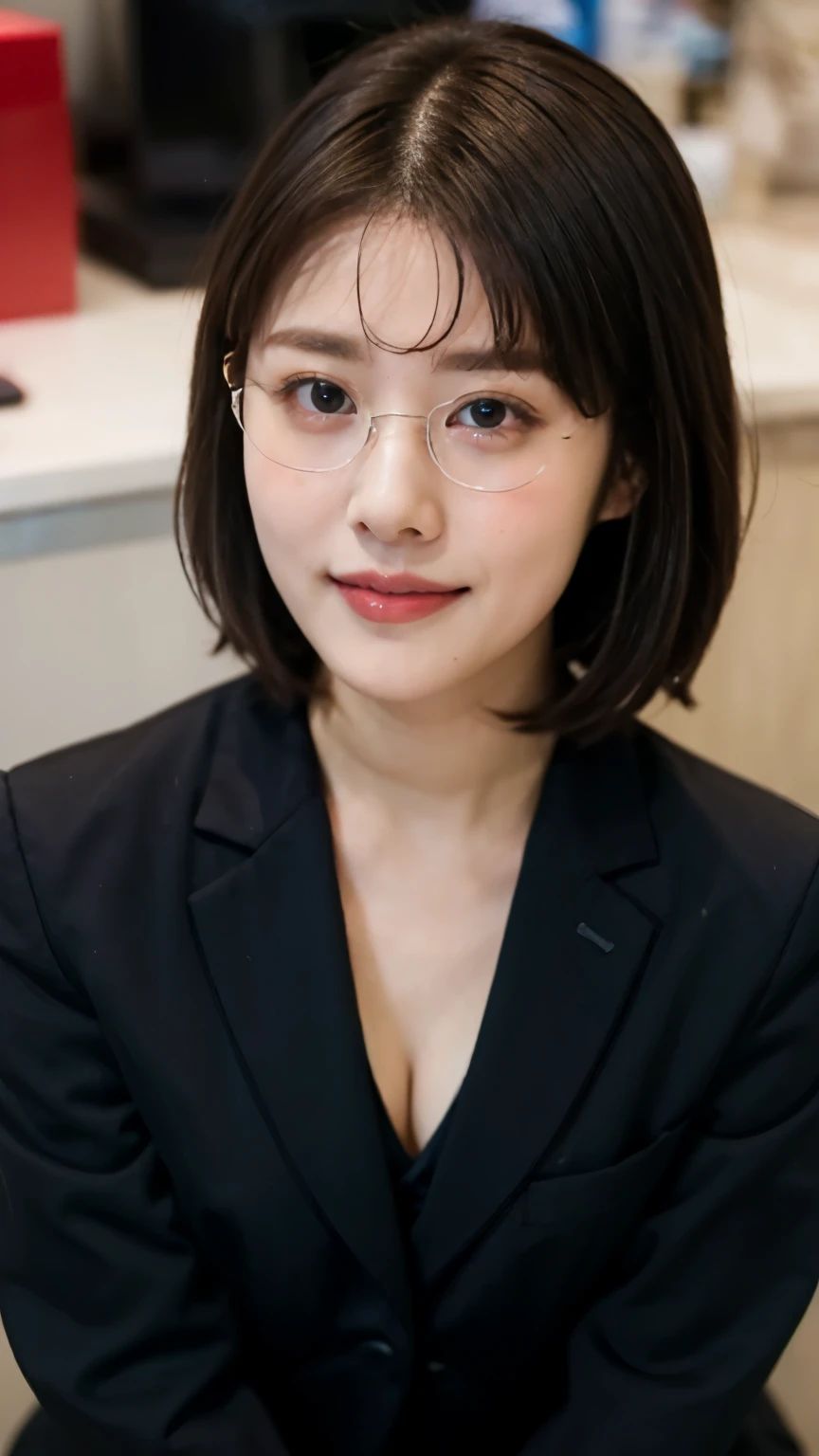 1 female,Beauty,Small glasses,Beautiful face,smile,Crouching and watching the viewer,Office Lady,In a suit,A dignified appearance,Perfect Style,Take off your jacket,Cleavage,focus on the chest,,View from above,Front view,Ultra-realistic,Ultra high definition,Highest quality,8K,Masterpiece