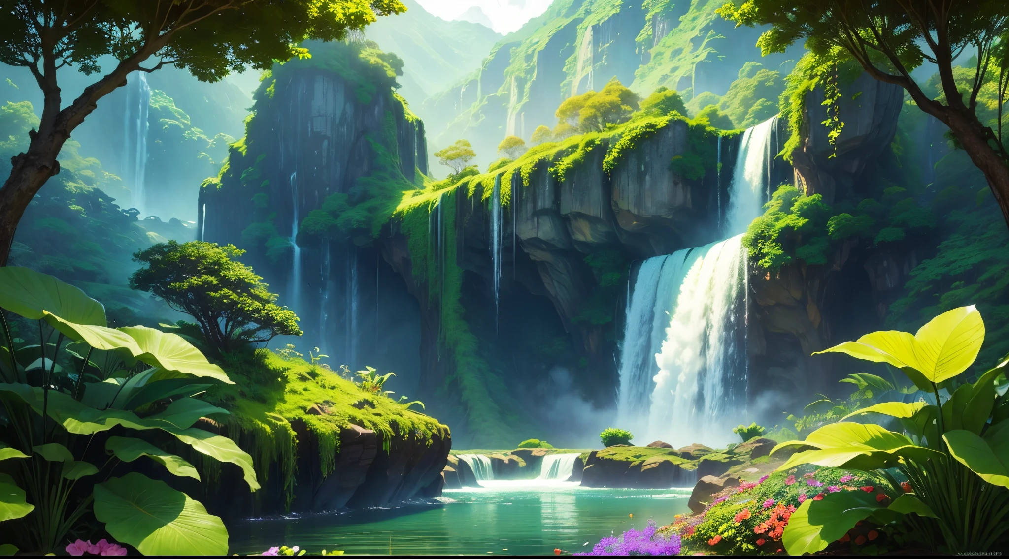 highest quality, Very detailed, Fantastic flower jungle, The size of a giant colorful flowering tree, Big green leaf with a waterfall in the background, Depth of written boundary, Film Grain, Professional Lighting, Colorful scenes