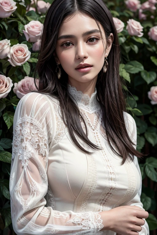 (best quality:1.4),(masterpiece:1.4),(photorealistic:1.4),(ultra high res, raw photo:1.4),(hdr, hyperdetailed:1.2),(8K:1.2),cinematic photo 1girl,solo,brown eyes,(black long straight hair:1.2),(large breasts:1.4),(upper body:1.4),(perfect details:1.2),looking at viewer,8k uhd,dslr,soft lighting,high quality,film grain,Fujifilm XT3,outdoors,realistic,richly defined face,dewy skin,products shot,(high detailed skin:1.2),detailed face and eyes,natural skin texture,highly detailed skin,textured skin,skin pores,imperfect skin,visible skin detail,detailed skin texture,shirt,(elegant lace long-sleeved dress:1.4),van cleef earrings,flowers and petals,landscape background,rose,abstract,