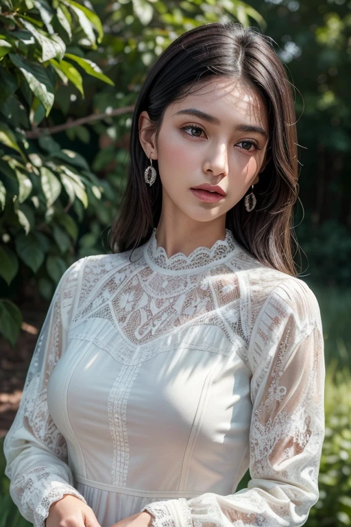 (best quality:1.4),(masterpiece:1.4),(photorealistic:1.4),(ultra high res, raw photo:1.4),(hdr, hyperdetailed:1.2),(8K:1.2),cinematic photo 1girl,solo,brown eyes,(black long straight hair:1.2),(large breasts:1.4),(upper body:1.4),(perfect details:1.2),looking at viewer,8k uhd,dslr,soft lighting,high quality,film grain,Fujifilm XT3,outdoors,realistic,richly defined face,dewy skin,products shot,(high detailed skin:1.2),detailed face and eyes,natural skin texture,highly detailed skin,textured skin,skin pores,imperfect skin,visible skin detail,detailed skin texture,shirt,(elegant lace long-sleeved dress:1.4),van cleef earrings,flowers and petals,landscape background,rose,abstract,