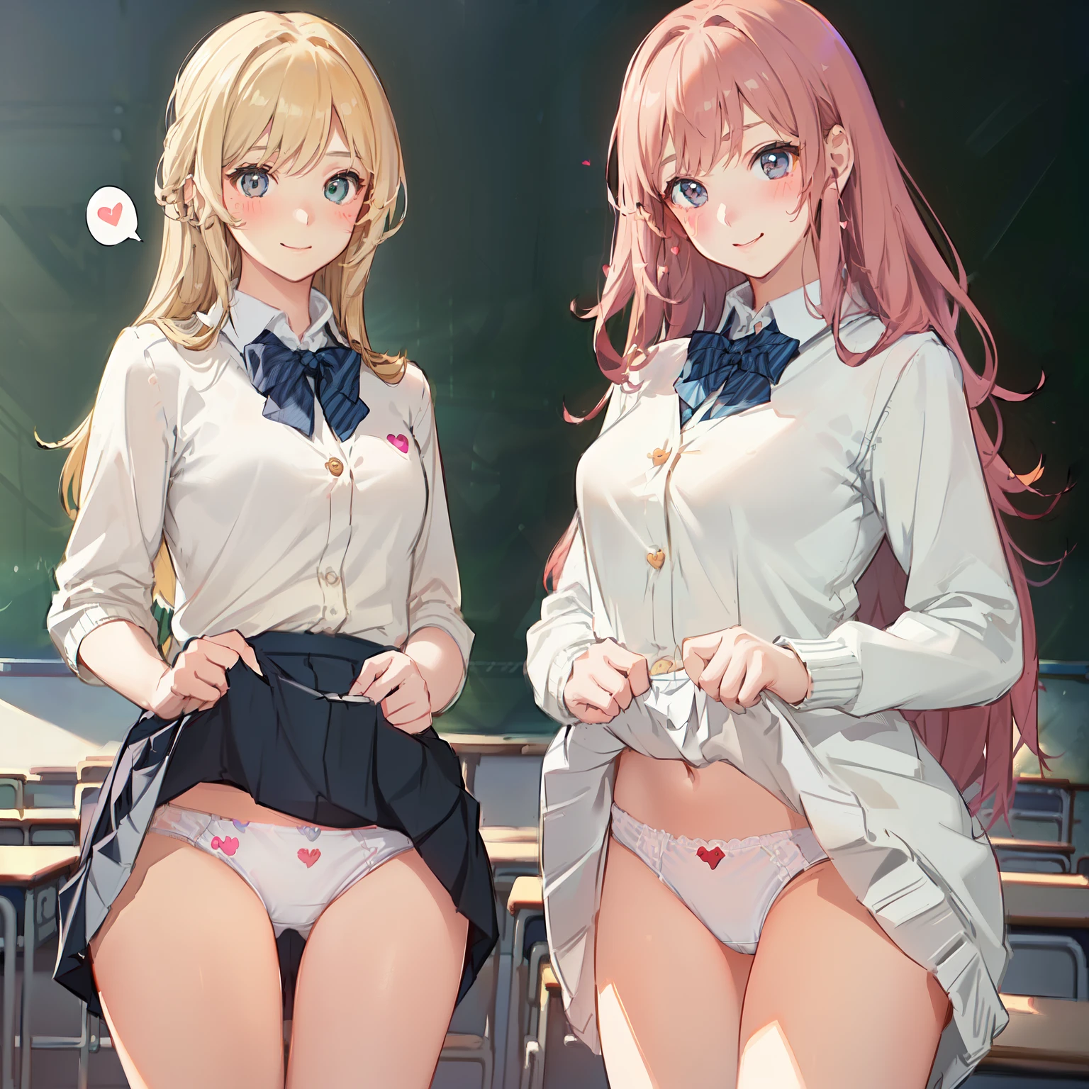 2 girls, smile:1.3, shirt, skirt, (small),((classroom:1.5))、Blonde、(blush:1.3)、((青いチェック柄のskirt:1.5))、Cowboy Shot、(skirt lift:1.3),(Highly detailed panties:1.3)、(Highly detailed white panties:1.3)、、(skirt that rolls up:1.3)、(Full-fledged panties:1.5)、,((Pure white cardigan))、((spoken heart:1.5))