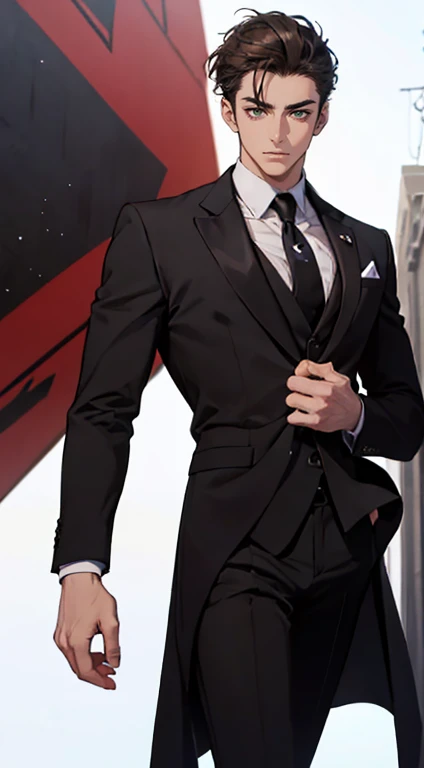 ((a young man in a black suit and tie)), taken in the early 2020s, gotham, alejandro, he looks very sophisticated, (((left side swept black short hair))), (dark green eyes and thick eyebrows), smirk. ((20 years old)), ((Black suite and black tie)), masterpiece, posture dynamic, one person, ((brown skin))