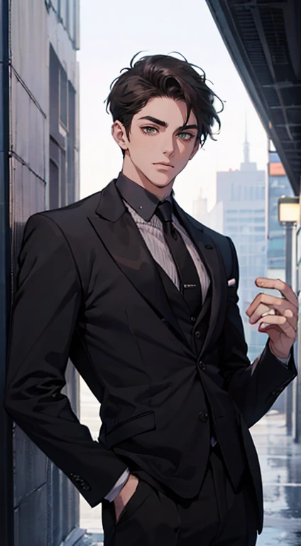 ((a young man in a black suit and tie)), taken in the early 2020s, gotham, alejandro, he looks very sophisticated, (((left side swept black short hair))), (dark green eyes and thick eyebrows), smirk. ((20 years old)), ((Black suite and black tie)), masterpiece, posture dynamic, one person, ((brown skin))