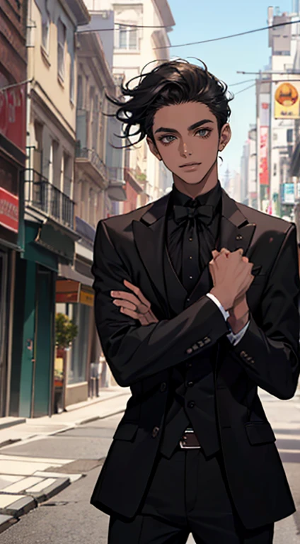 ((um jovem de terno preto e gravata)), taken at the beginning of 2020, Gotham, Alexandre, ele parece muito sofisticado, (((cabelo curto preto penteado para o lado esquerdo))), (olhos verdes escuros e sobrancelhas grossas), sorriso pretensioso. ((20 anos de idade)), ((Black suite and black tie)), obra de arte, dynamic posture, uma pessoa, ((pele marrom))