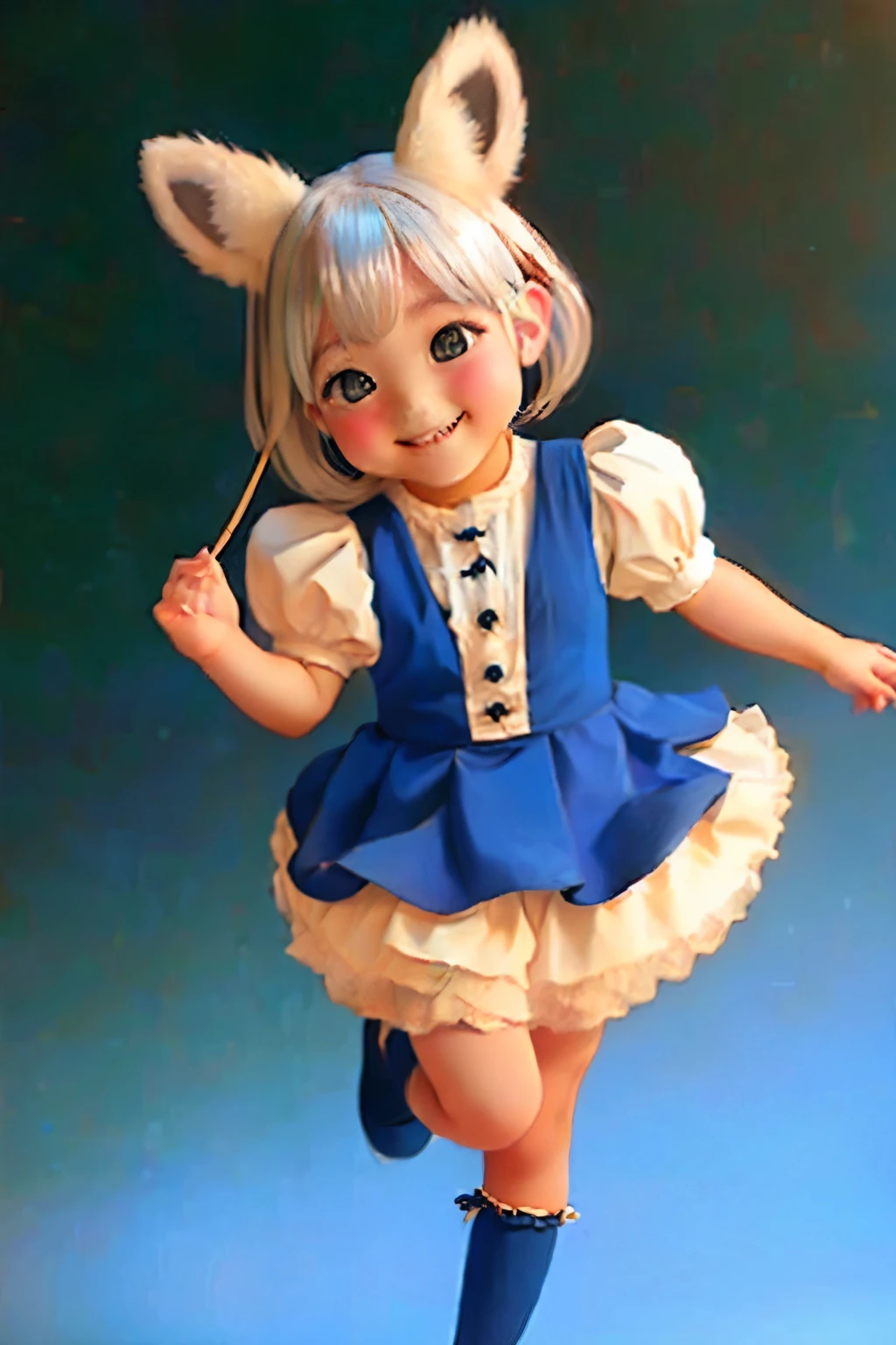 A girl with striking white hair、Fox ears and tail、Cosplay、Baby Face、Cute dynamic pose、hair ornaments、Black Pantyhose、No sleeve、smile、Background is blue
