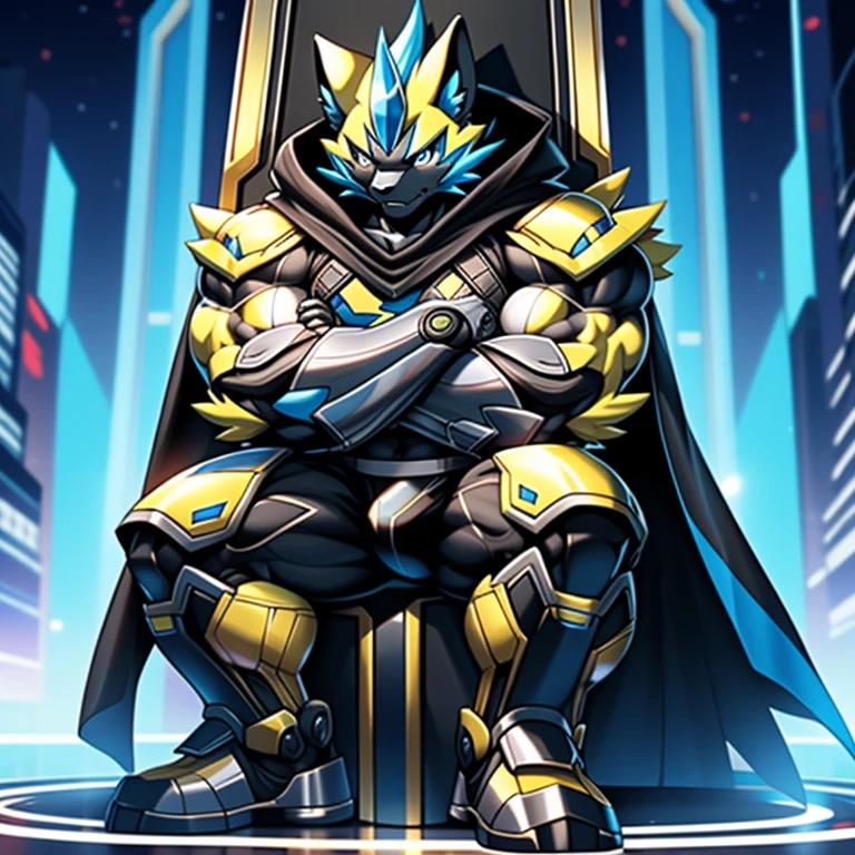 (masterpiece, best quality, detailed:1.2)
(Pokémon)
detailed full body,
zeraora,
full body, 
Protecting Zeraora's design and color scheme.
Furry Heroes,
Main is yellow



Wearing cyberpunk mecha,
Wearing full plate armor
Its full plate armor emphasizes the muscles.
a knight's mechanical armor,
glowing wide and heavy armor,
He wears the same armor as himself from head to foot.
a furry hero.
super hero, hero, bodysuit,





big muscle (pecs, triceps, traps)
unusually developed muscular body,
body full of huge muscles.
showing off muscles,
pectorales enormes.
Exaggeratedly huge muscles.




bulge in the crotch, wears a small black string thong that reveals huge, muscular thighs. (metallic color: jet black thong)
also have a cloak on my back.
The cloak is black.
The cloak is so long that it touches the ground,
wearing a dark bodysuit underneath, 

crossed arms.
looking down at the other person.
stepping on the enemy.
sitting on the throne,
cool face.
Cool expression.sparkling skin,
Vibrant colors, 4K,