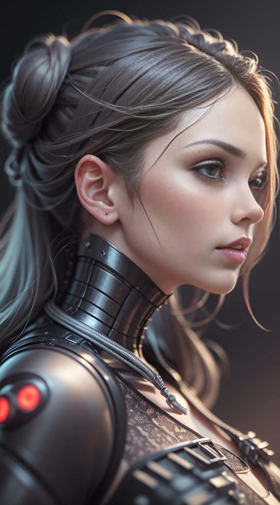 Sophisticated 3D visualization of a super-detailed human face from a porcelain profile, Cyborg, robotic details, 150 mm, Beautiful studio soft light, rim light, Vivid details, luxurious cyberpunk, lace, A hyper-realistic, anatomical, facial muscles, cable electrical wires, microchip, elegant, Beautiful background, Octane Render, H. r. Giger style, 8K, Best Quality, Masterpiece, illustartion, extreamly delicate and beautiful, Extremely detailed ,computer graphics ,unity ,wallpapers, (Realistic, photo-realistic:1.37),Amazing, finely detail, Masterpiece,Best Quality,official arts, Extremely detailed computer graphics Unity 8K wallpaper, absurdress, incredibly absurdres, a robot, Silver Halmet, full - body, sitting