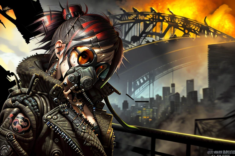 Sydney Harbour, 1girl, in the style of Mad Max, Sydney Opera House burning and collapsed, girl looking down from top of Sydney Harbour Bridge, black water, fires, bridge is collapsing, mirrored sunglasses, torn leather jacket, tattoos, post-apoc, postapoc_character, postapoc_scenery, gasmask, ruined_cityscape, fallen skyscrapers