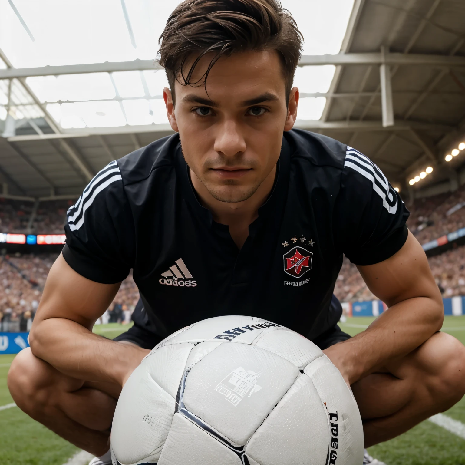 Ein junger Mann. Nackt auf einem Fussballplatz