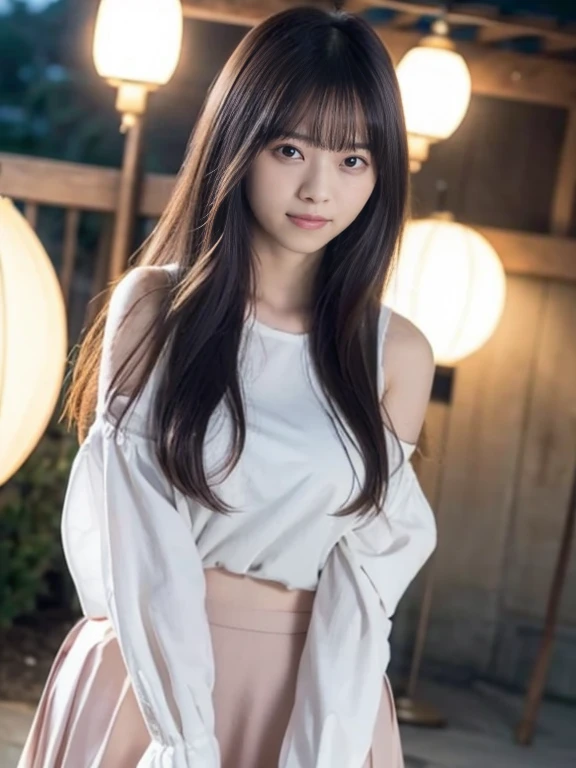 masterpiece、1 beautiful girl、Detailed eyes、Puffy eyes、highest quality, 超A high resolution, (Reality: 1.4), Cinema Lighting、Japanese、Asian Beauty、Super Beauty、Beautiful Skin、Slender、Body facing forward、(Surreal)、(High resolution)、(8k)、(Very detailed)、(Beautiful and detailed eyes)、(Ultra-detailed)、 (wall-)、Detailed face、Bright lighting、Professional Lighting、View your viewers、Look straight ahead、(Pastel colored dresy clothes are all messed up by the wind、The hem of my skirt is being blown up by the wind、Huge Breasts、Voluptuous thighs、Long Hair, My hair is messy, Asymmetrical bangs, 、Night Scenery、brown hair、Japanese Idol、Gravure idol pose、、21 years old、expensive, smile,