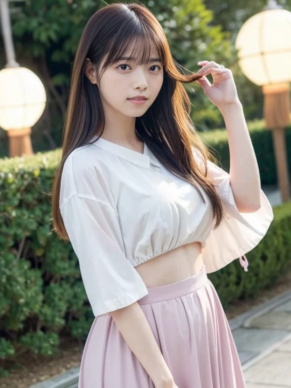 masterpiece、1 beautiful girl、Detailed eyes、Puffy eyes、highest quality, 超A high resolution, (Reality: 1.4), Cinema Lighting、Japanese、Asian Beauty、Super Beauty、Beautiful Skin、Slender、Body facing forward、(Surreal)、(High resolution)、(8k)、(Very detailed)、(Beautiful and detailed eyes)、(Ultra-detailed)、 (wall-)、Detailed face、Bright lighting、Professional Lighting、View your viewers、Look straight ahead、(Pastel colored dresy clothes are all messed up by the wind、The hem of my skirt is being blown up by the wind、Huge Breasts、Voluptuous thighs、Long Hair, My hair is messy, Asymmetrical bangs, 、Night Scenery、brown hair、Japanese Idol、Gravure idol pose、、21 years old、expensive, smile,