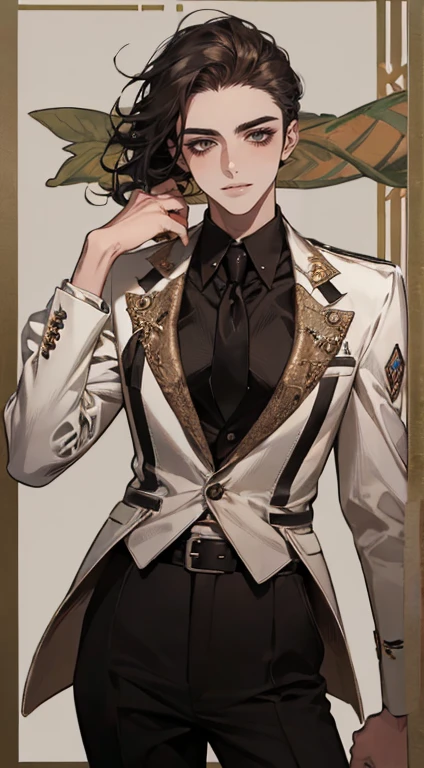 ((um jovem de terno preto e gravata)), taken at the beginning of 2020, Gotham, Alexandre, ele parece muito sofisticado, (((cabelo curto preto penteado para o lado esquerdo))), (olhos verdes escuros e sobrancelhas grossas), sorriso pretensioso. ((20 anos de idade)), ((Black suite and black tie)), obra de arte, dynamic posture, uma pessoa, ((pele marrom))