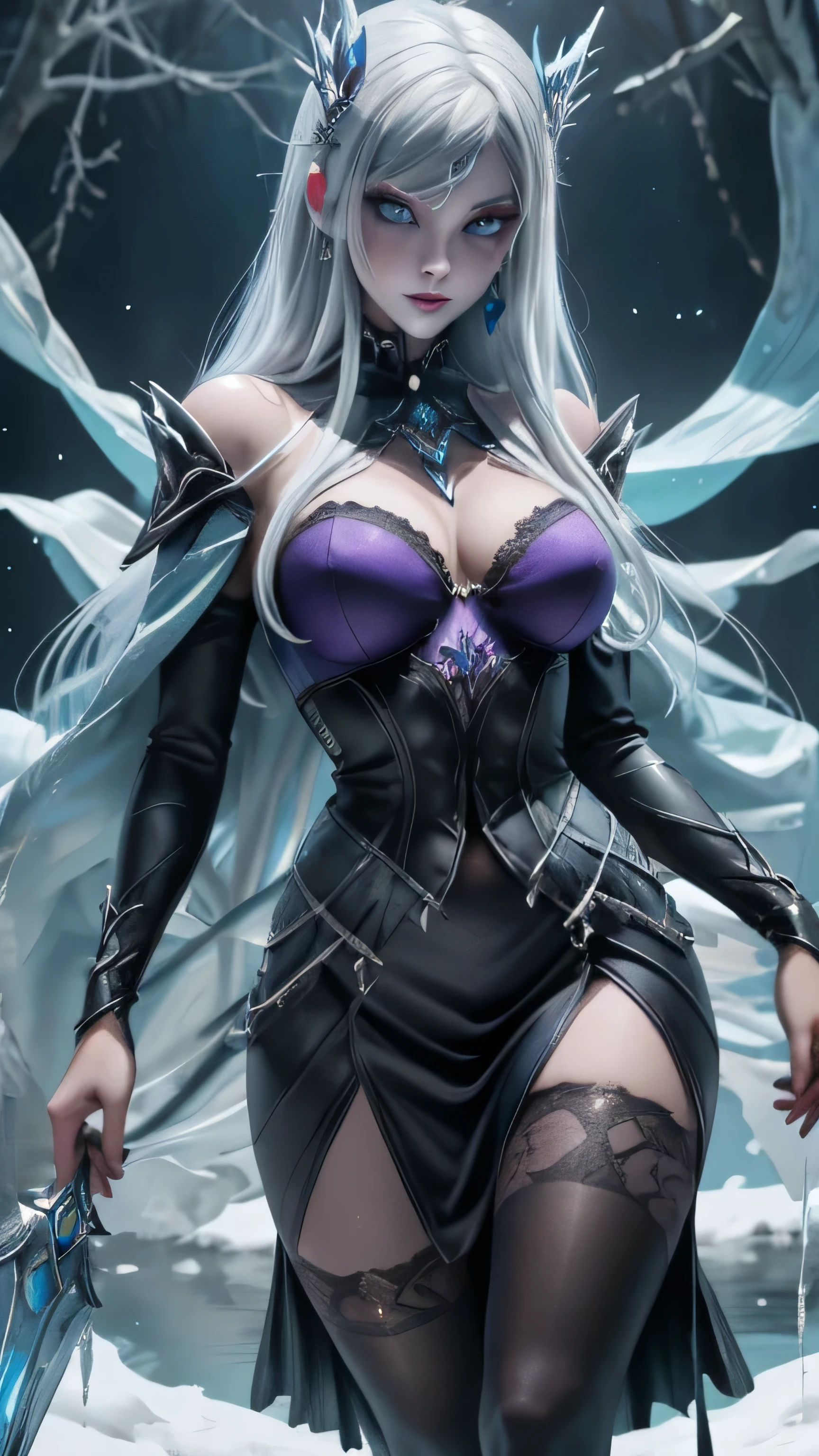 There is a full size figure of a beautiful zombie women with cute face black hair silver white eyes dark blue eye shadows and frost blue lips dressed in purple Gothic dress with glass ice claws on her fingers, women walk thru the swamp emanates grave chilling frost aura ground froze where she steps , high quality beautiful face, detailed anime art, detailed anime wallpaper , high quality illustration. 8k top quality details