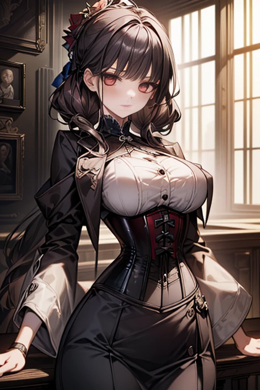 (((masterpiece)))、((highest quality))、(Super detailed)、(CG illustration)、(so beautiful ))、cinematic light、(((1 Mechanical Girl)))、 SF、Apocalypse、erotic grotesque、Research Institutes(beautiful and luxurious:1.2)、(1 girl:1.3)、facing the front, (double breasted,under bust:1.2), gap between buttons,(((corset belt))),(((high waist skirt,)))