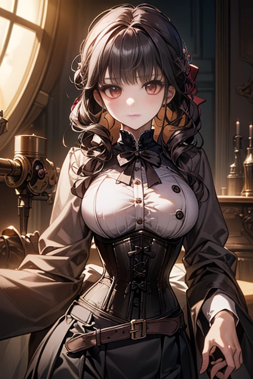(((masterpiece)))、((highest quality))、(Super detailed)、(CG illustration)、(so beautiful ))、cinematic light、(((1 Mechanical Girl)))、 SF、Apocalypse、erotic grotesque、Research Institutes(beautiful and luxurious:1.2)、(1 girl:1.3)、facing the front, (double breasted,under bust:1.2), gap between buttons,(((corset belt))),(((high waist skirt,)))