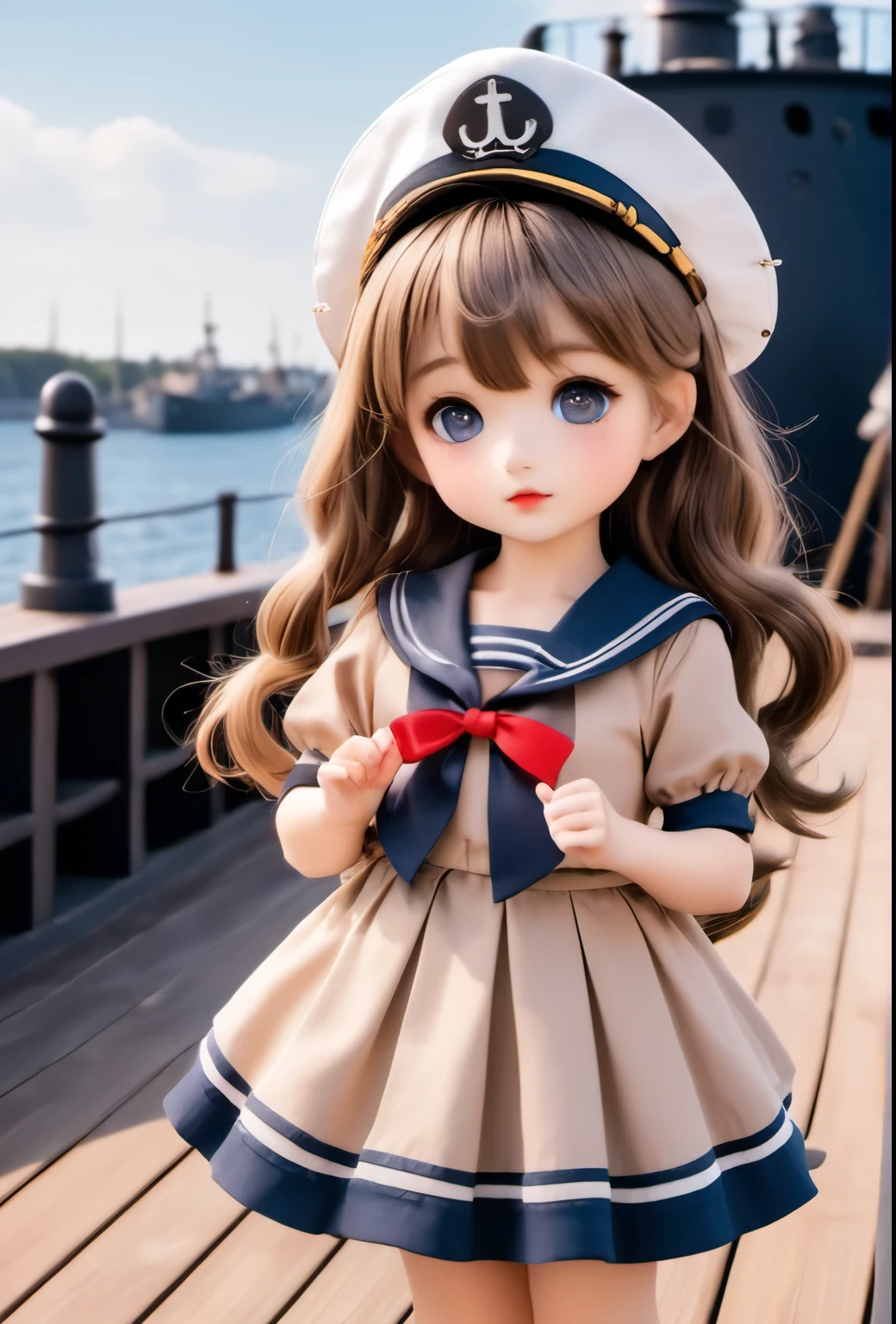 One Girl。Little cute girl。light brown semi-long hair,。Cute sailor costume。See who&#39;s watching。With a deck brush。The background is the deck of an old warship.。